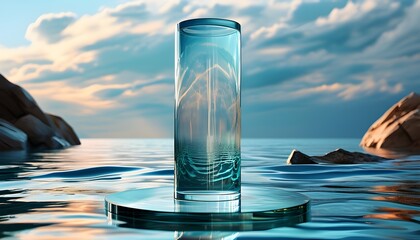 Futuristic digital sea surface with glass column art, showcasing vibrant colors and abstract designs in a striking graphic poster background