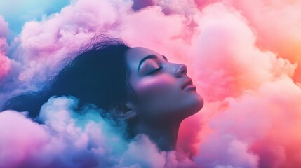 Sticker - Woman with Closed Eyes Surrounded by Colorful Clouds