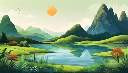 serene green landscape painting illustration perfect for background or poster design