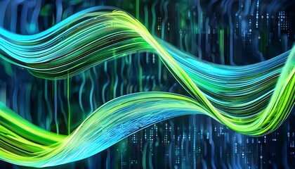 Abstract digital wave in blue and green hues creating a modern technology-inspired poster background