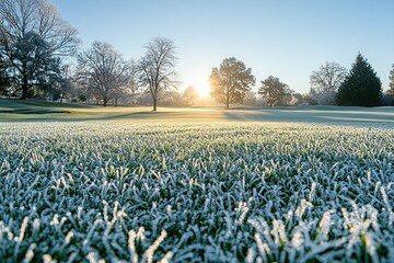 Frosty Grass on a Golf Course at Sunrise