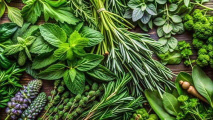 Texture of freshly picked herbs, vibrant and aromatic, for culinary uses and healthy cooking
