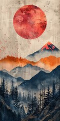 Fuji mountain in black and red cartoon