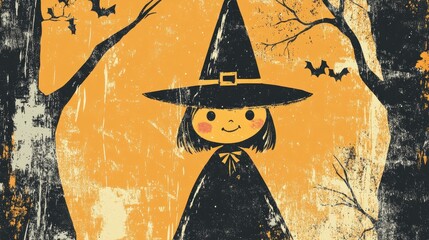 Charming witch character in playful costume and pointed hat with a joyful expression set against a whimsical backdrop for Halloween fun