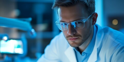 Aufkleber - A focused scientist in a lab setting. The blue lighting enhances the modern feel. This image captures the essence of research and innovation in a laboratory. AI