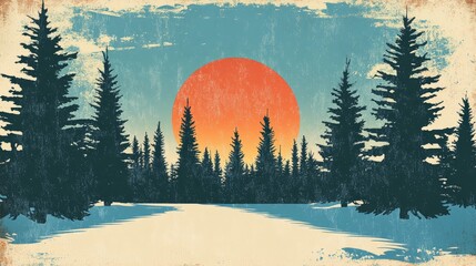 Wall Mural - Pine forest in winter with a bright blue sky and sunny weather illustration