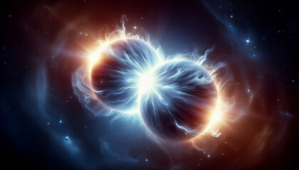 Two pulsars merging in a cosmic event, emitting intense light and gravitational waves.