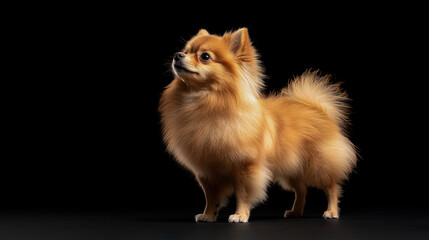 Full body image of a Pomeranian, a small breed of dog originating in northern Europe, with fluffy brown fur and small erect ears, standing in an elegant and beautiful pose on a black background.