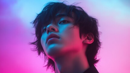 Close-up Portrait of a Young Man with Black Hair Underneath Pink and Blue Lighting