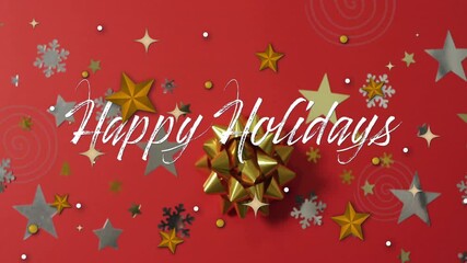 Sticker - Animation of happy holidays text over stars on red background