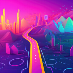 generated illustration of super highway asphalt with colorful neon nigh light  moving for travel background