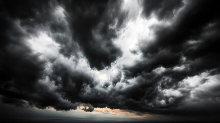 dark, dramatic clouds gather ominously in the sky, foretelling a stormy weather change over the hori