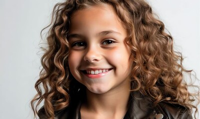 Wall Mural - Portrait of a cute little girl with curly hair in a leather jacket on a white background