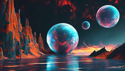 Futuristic digital sphere in an expansive sci-fi universe, vibrant colors and cosmic elements creating an immersive poster background