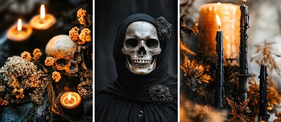 Dark lord wearing skull makeup looking down with white flowers and candles in a mystical forest