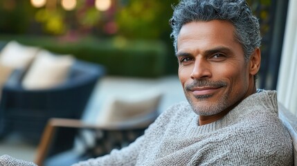 Poster - Serene Mature Man Relaxing on Patio During Golden Hour