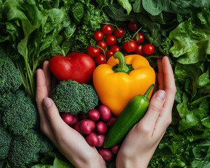 Wall Mural - Fresh vegetables in hands, showcasing healthy eating and vibrant colors. Perfect for promoting nutrition and plant-based diets.