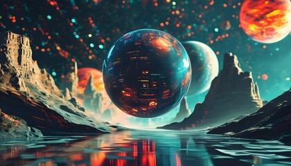 Futuristic digital sphere in an expansive sci-fi universe, vibrant colors and cosmic elements creating an immersive poster background