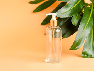 Cosmetic bottle with dispenser pump on orange background with tropical leaves.