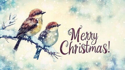 Wall Mural - Whimsical Watercolor Christmas Card with Charming Birds and Snowflakes