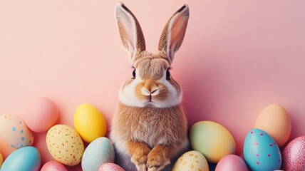 easter bunny surrounded by colorful decorated easter eggs, set against a solid background. festive s