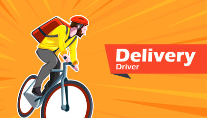 delivery man on bicycle with backpack for deliveries, illustration for advertising