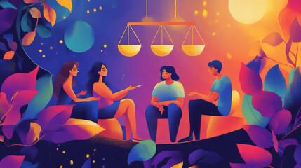 Depict Libra in a social setting, engaging with others, facilitating conversations, and maintaining harmony within a group. Show how Libra thrives in partnerships and group dynamics. 