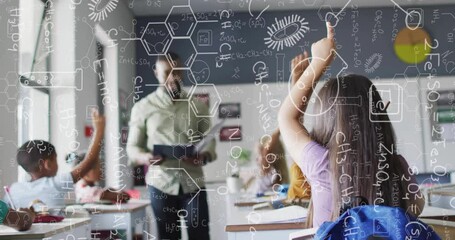 Wall Mural - Animation of chemical equations over african american male teacher with diverse schoolchildren