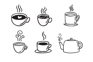 Wall Mural - Hand drawn hot drinks set. Doodle coffee cups white background. Coffee, tea, cappuccino, espresso, latte, americano, hot chocolate