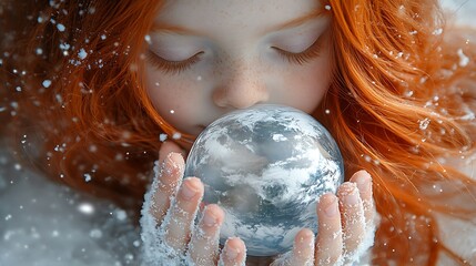 A young girl with red hair holds a glass globe of the earth in her hands, surrounded by falling snow.