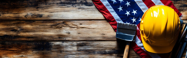 American National Holiday. US Flags with American stars, stripes and national colors. Construction and manufacturing tools on wooden background. Labor day background concept.