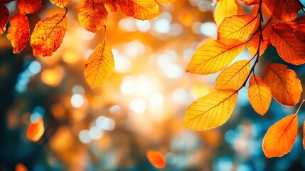 Wall Mural - Autumn leaves glowing on branch with shallow depth of field