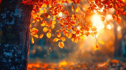 Wall Mural - Autumn leaves glowing on branch with shallow depth of field