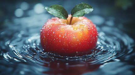 Wall Mural - A single, red apple with green leaves floats in clear water with ripples around it.