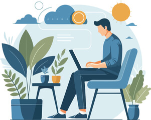 Wall Mural -  man working on his laptop, vector illustration