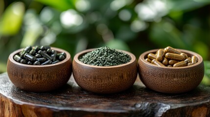 variations of herbal (black gooey, brown pills and green herb), in the bowl for each them, nature in background