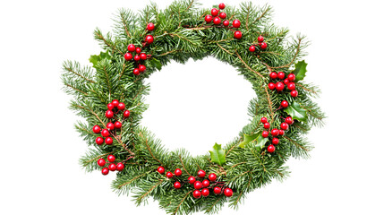 Wall Mural - Festive Christmas wreath of fresh natural spruce branches with red holly berries, isolated on white background