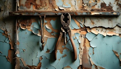 Wall Mural - Charming vintage pliers displayed against a distressed wall, capturing the essence of a nostalgic workshop atmosphere.