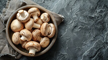 Wall Mural - Overhead view of an assortment of mushrooms arranged on a white napkin, isolated on a dark slate background.