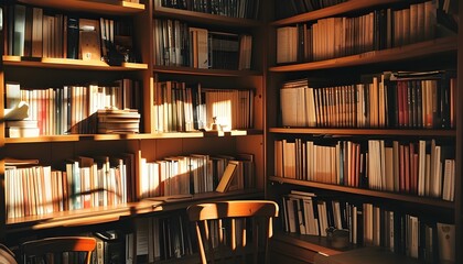 Cozy study bathed in warm sunlight with neatly arranged bookshelves, creating an inviting and tranquil reading nook