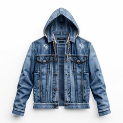 Wall Mural - Jean jacket with hoodie, clothing element, detailed 3D render, urban design, isolated on white background.