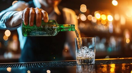 A bartender pours a refreshing drink over ice in a stylish glass, capturing the vibrant nightlife atmosphere.