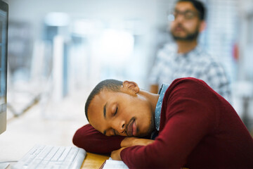 Poster - Man, university student and sleeping on table at library with burnout or tired with research for assignment deadline. Male person, college learner and exhausted with studying for exams or assessment
