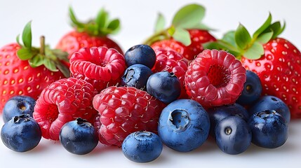 Wall Mural - A vibrant assortment of fresh berries including strawberries, blueberries, and raspberries on isolated white background