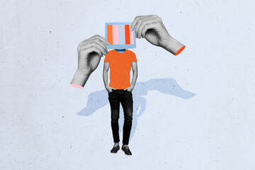 Poster - Creative poster collage headless man 3d body fragments computer screen display propaganda news zombie brainwashed drawing background