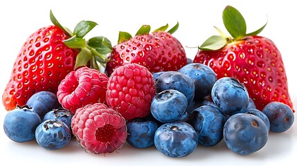 Wall Mural - A vibrant assortment of fresh berries including strawberries, blueberries, and raspberries on isolated white background