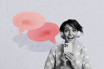 Canvas Print - Composite trend artwork sketch image collage of speech cloud chatting social media app two young lady hold phone headphones listen music