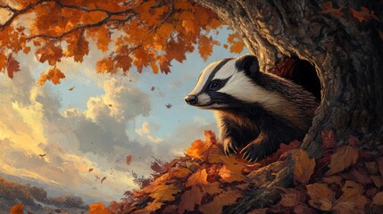 Wall Mural - A Badger Peeking Out of a Tree Hollow in Autumn