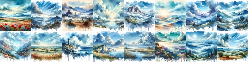 Watercolor splash style landscapes. AI generated illustration