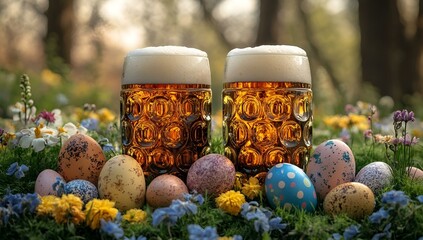 two glasses of beer and eggs in grass.